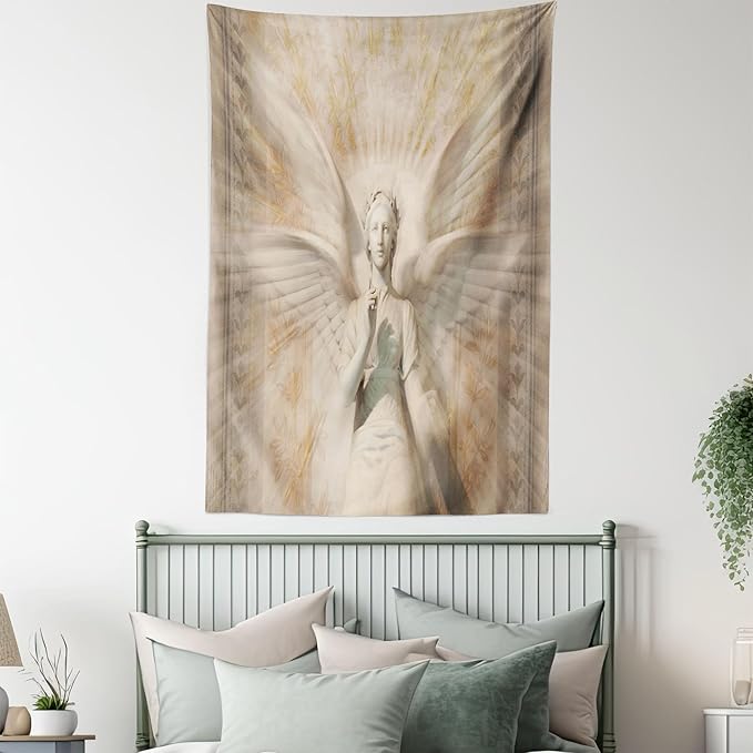 Ambesonne Retro Tapestry, Angel Woman in Medieval Site Vintage Style Mythical Design, Wall Hanging for Bedroom Living Room Dorm Decor, 60" X 80", Yellow White