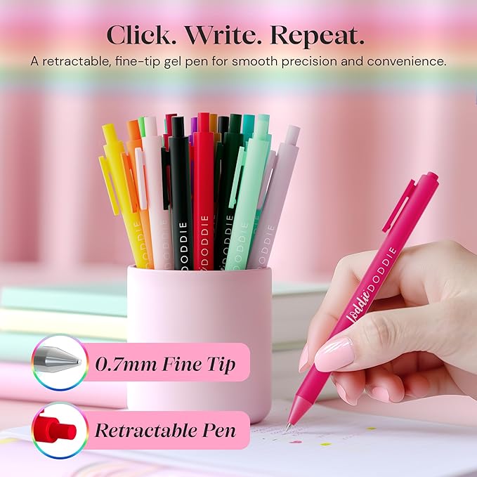 Loddie Doddie Retractable Gel Pens with Satin Barrel - Fine Point - 18 Bright Color Pens for Bullet Style Journals, Notebooks, Planners, Calendars, Notes & Drawing, Use at Home, Office, School, Crafts