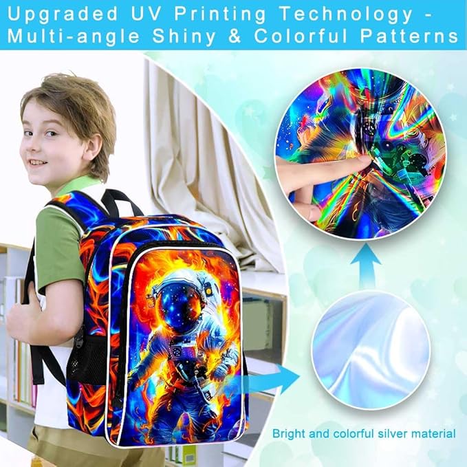 KLFVB 3PCS School Backpack for Kids, 17" Astronaut Backpack and Lunch Box, Water Resistant Teenagers School Backpacks for Middle Elementary - Flame Space Adventure