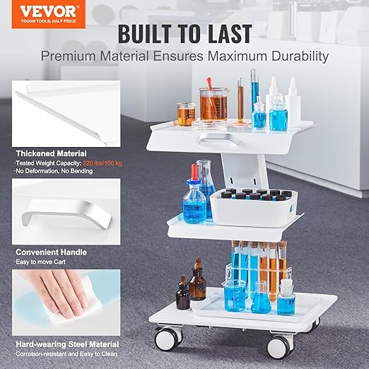 VEVOR Trolley Cart with Swivel Wheels, 3-Layer Mobile Esthetician Cart, Steel Metal Rolling Tray for Lab, Clinic, Beauty and Salon, 220 lbs Weight Capacity