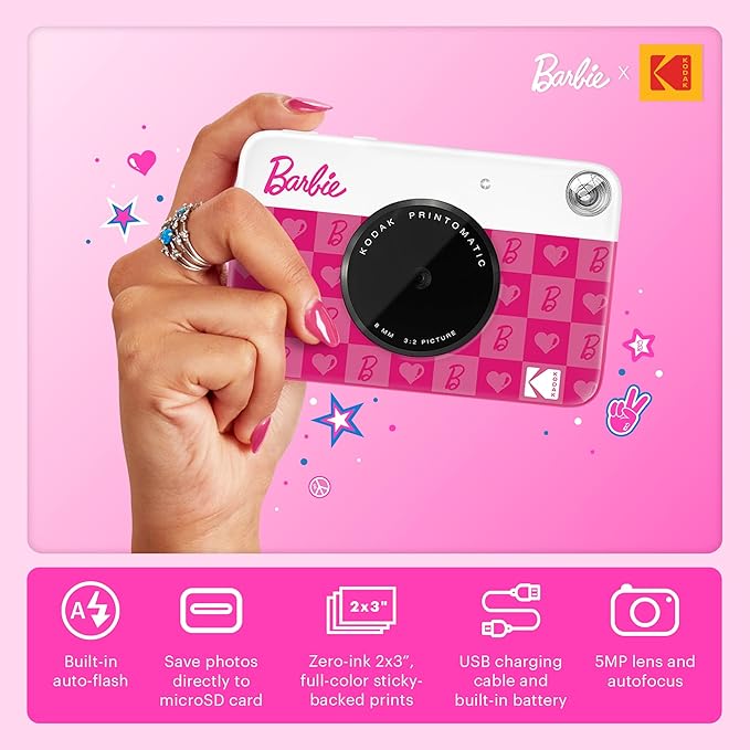Kodak x Barbie Printomatic Full-Color Instant Print Digital Camera – 5MP Portable Barbie Camera - Colorful Photos On Zink 2x3 Sticky-Back Photo Paper – Fun Gift for Christmas Holiday - Iconic Style