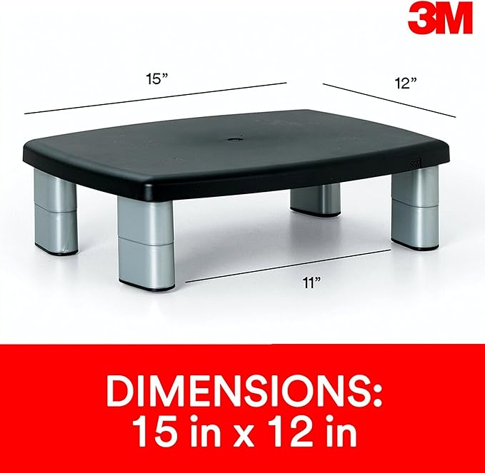 3M Adjustable Monitor Stand, Three Leg Segments Simply Adjust Height from 1" to 5 7/8", Sturdy Platform Holds Up to 80 lbs, 11-inch Space Between Columns for Storage, Silver/Black (MS80B)
