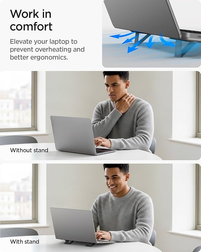 Spigen Slim Fold Adhesive Laptop Stand 2 Piece Foldable Portable Dual Ergonomic Angle Adjustment Lift Anti-Slip Compatible with MacBook Pro, MacBook Air 11"-16" and More - Black (LD201-S2)