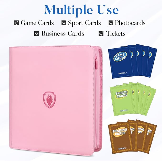 Premium Zip Card Binder 12 Pocket, Fabmaker 912 Pockets Trading Card Binder, PU Zipper Card Collection Album, Sturdy Side-Loading Card Book Holder for Game & Sports Cards, Pink