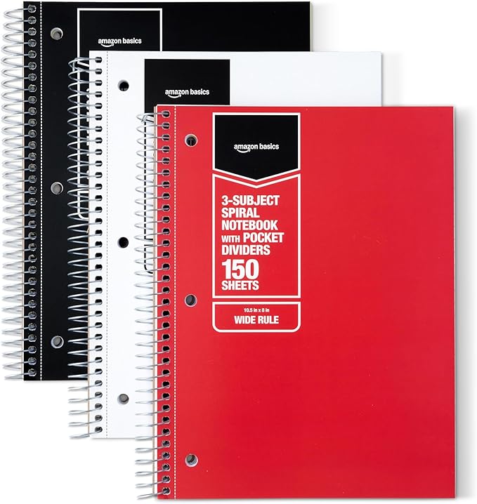 Amazon Basics Wide Ruled Spiral Notebook, 3-Subject with Pocket Divider, 150 Sheets, 8''x10.5'', Assorted Primary Colors, 3 pack