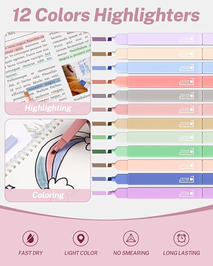 40PCS Aesthetic School Supplies with Cute Pen Case, 12 Color Pastel Highlighters, 5 Black Ink Gel Pens, 6 Mechanical Pencil 0.5 & 0.7 mm, Back To School Supplies for Student Stationary