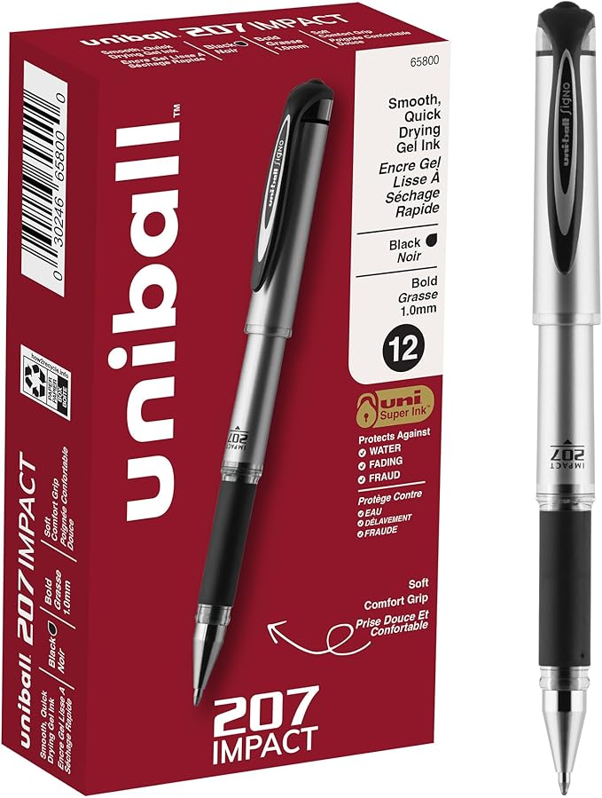 Uni-Ball® 207™ Impact™ Gel Pens,Bold Point,1.0 mm,Black; Gray Barrel,Black Ink,12 Count (Pack of 12)