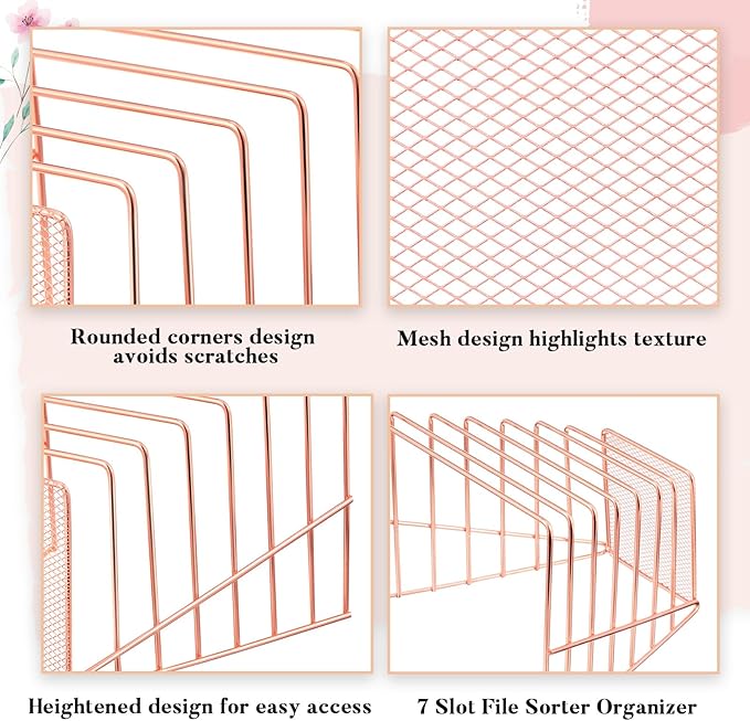 2 Pcs 7 Section Wire File Organizer for Desk, Metal Mesh Incline File Holder, Letter & Magazine Folder Rack, Desktop Paper Sorter for Home Office School (Rose Gold)