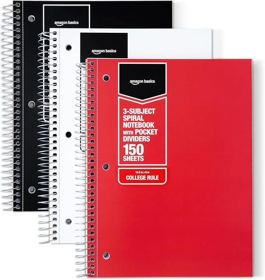 Amazon Basics College Ruled Spiral Notebook, 3-Subject with Pocket Divider, 150 Sheets,8''x10.5'', Assorted Primary Colors, 3 pack