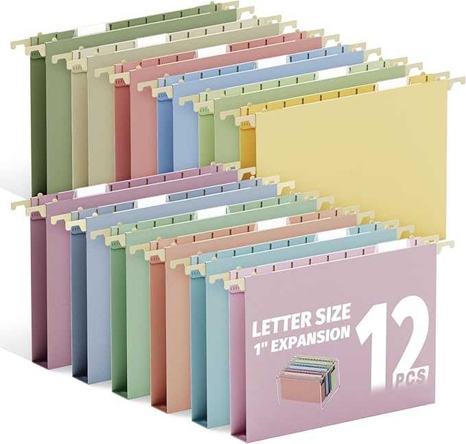 Ansook Plastic Letter Size Hanging File Folders,Heavy Duty 1" Expansion,12 Pack Extra Capacity File Cabniet Folders,Pastel File Folders Hanging with Tabs,Office School Desk Hanging File Organizer