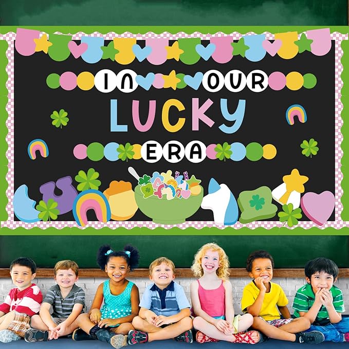 87Pcs St. Patrick's Day Bulletin Board Decorations Set Lucky Charm Unicorn Gold Coin Paper Cutouts Funny Shamrock March Classroom Decor for Chalkboard Window Wall Door Irish Party Home Office School