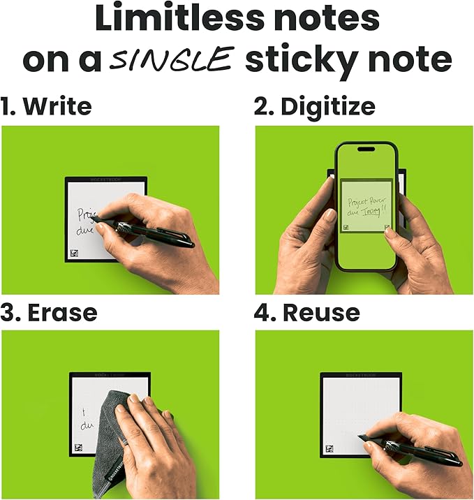 Rocketbook Reusable Sticky Notes Starter Pack, Restick and Reorganize Memo Pads, 3"x3", 15 Black Sticky Notes, Includes Pen, Towel + Carrying Case (Kit of 1)