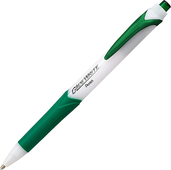 Pentel GlideWrite Ballpoint Pen with TechniFlo Ink, (1.0mm) Medium Line, Green, Box of 12 (BX910-D)