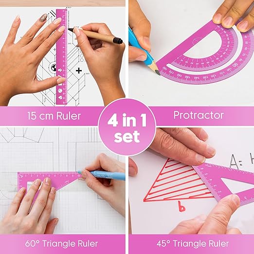 MSDADA Triangle Ruler, Protractor, Square and Ruler Set, 4 Pieces Aluminum Alloy, Metal Drafting Kit, Geometric Protractor for Student, School, Home, Office (Pink, 20cm/7.87inch)