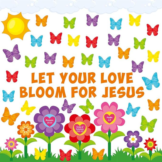 97 Pcs Christian Bulletin Board Decorations Let Your Love Bloom for Jesus Bulletin Board Sets Religious Faith Flower Butterfly Cutout for Summer Church Sunday School Classroom Wall Decor