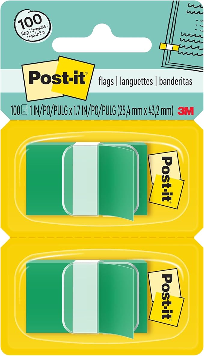 Post-it Flags, 50/Dispenser, 2 Dispensers/Pack, 1 in Wide, Green (680-GN2)