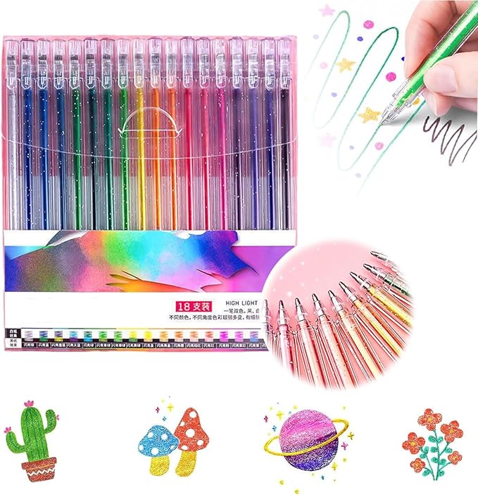Glitter Gel Pen Set 2026 - 18 Color Neon & Rainbow Gel Markers for Adult Coloring Books, Drawing, Scrapbooking, and Art Projects - Premium Quality, Smooth, Non-Smearing, Vibrant Colored Gel Pens