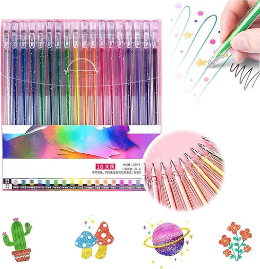 Glitter Gel Pen Set 2026 - 18 Color Neon & Rainbow Gel Markers for Adult Coloring Books, Drawing, Scrapbooking, and Art Projects - Premium Quality, Smooth, Non-Smearing, Vibrant Colored Gel Pens