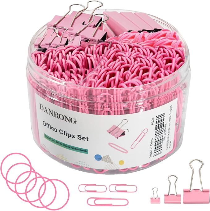 Pink Binder Clips Paper Clips,380 PCS Assorted Sizes Paperclips Paper Clamps Rubber Bands for Files, Papers, Home Supplies (Pink)