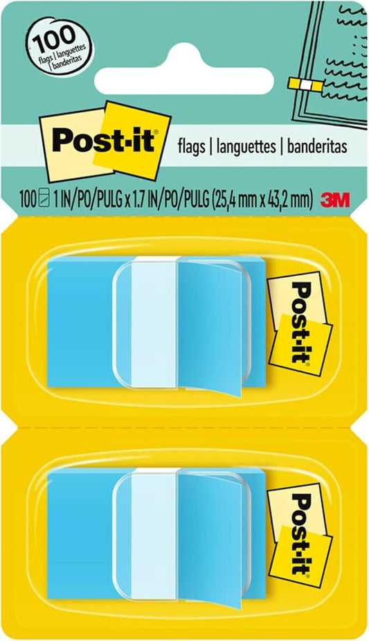 Post-it Flags, 1 in. x 1.7 in., Two Dispensers with 50-Count Blue Sticky Tabs Per Dispenser (100 Flags Total), Removable Page Markers for Planners, Journals, and Calendars