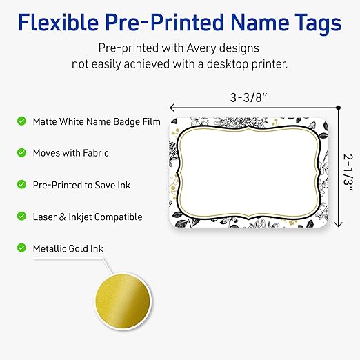 Avery Printable Adhesive Name Badges, 2-1/3" x 3-3/8", Pre-Printed Flourished Gold & Black Florals Design, Matte White, Laser & Inkjet Compatible, 80 Total