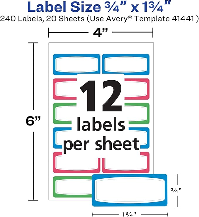 Avery Durable Labels for Kids' Gear, 3/4" x 1-3/4", Assorted Border Colors, Water-Resistant Labels, 4 Packs, 240 Stickers Total (21943)