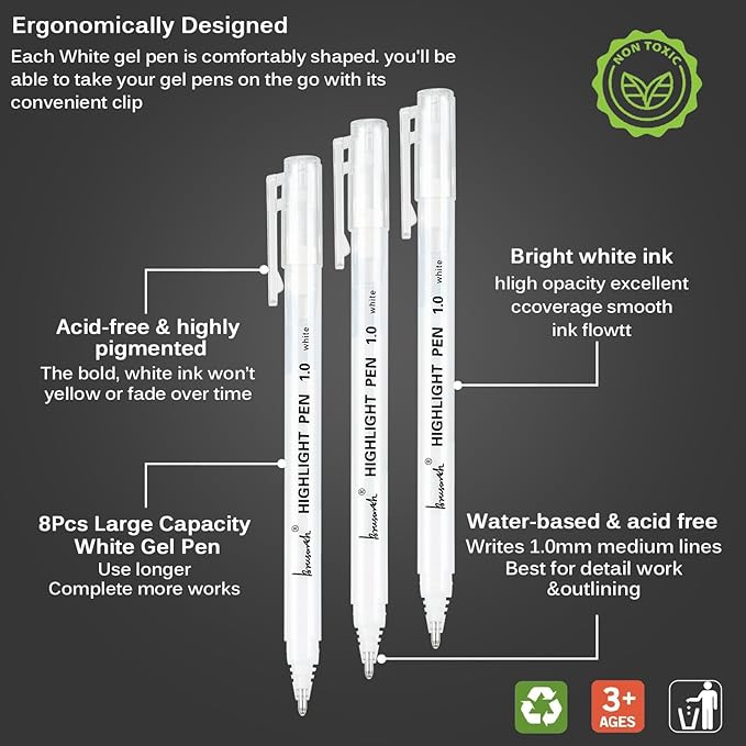White Gel Pens,8 Pack, 1mm Fine Point Opaque White Archival Ink Pens,Gel Ink Pen Set,for Black Paper Drawing,Card Making, Art Highlight & Artists Drawing