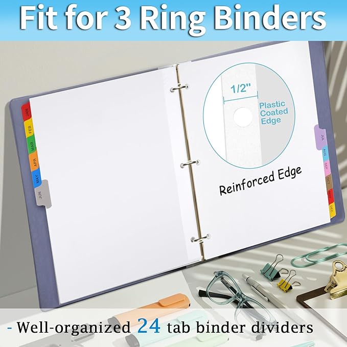 Monthly Binder Dividers for 3 Ring Binder, COIDEA Jan-Dec Dividers for 3 Ring Binder, 12 Tabs Multicolor Month Binder Dividers with Customizable Table of Contents Page for School Office Organizing