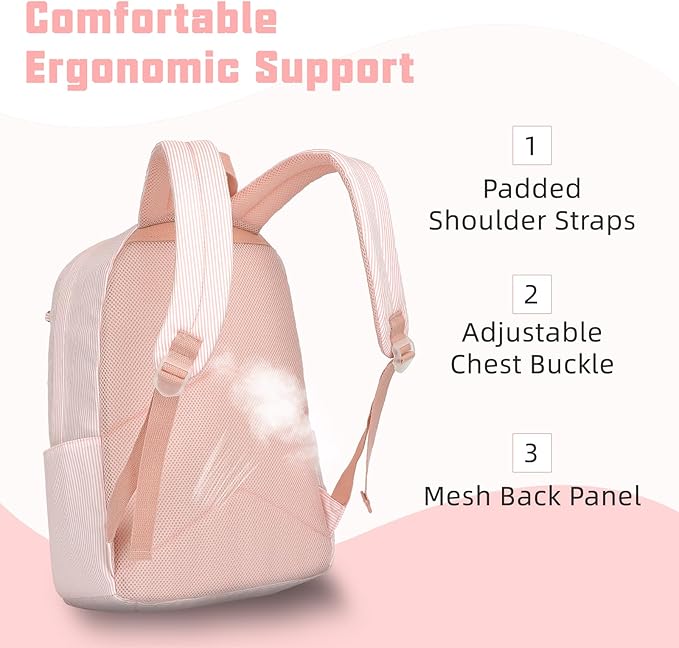 School Backpack for Girls, 3PCS Bookbags Set with Lunch Box Pencil Pouch Elementary Middle School Bag Laptop Back Packs (Stripes Pink)