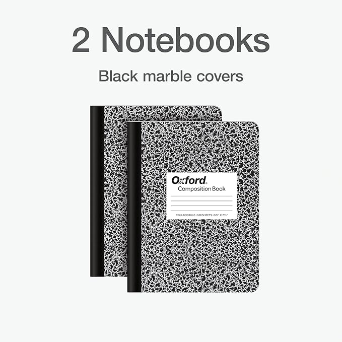 Oxford Composition Notebooks, 9-3/4 x 7-1/2 Inch School Journals, College Ruled Paper, Black Marble Covers, 100 Sheets per Book (1002515) (pack of 24)
