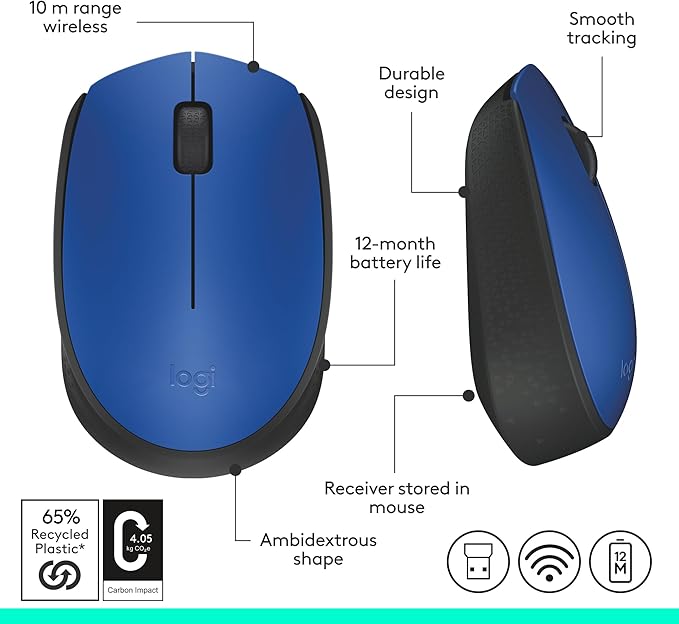 Logitech M170 Wireless Mouse for PC, Mac, Laptop, 2.4 GHz with USB Mini Receiver, Optical Tracking, 12-Months Battery Life, Ambidextrous - Blue
