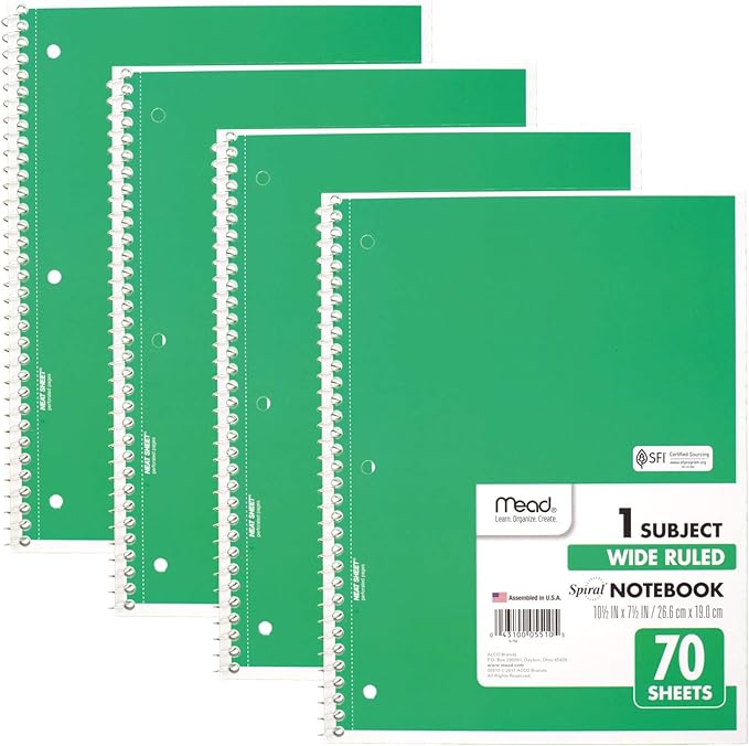 Mead Spiral Notebooks, 1 Subject, Wide Ruled Paper, 70 Sheets, 10-1/2 x 7-1/2 inches, Green, 4 Pack (38300)