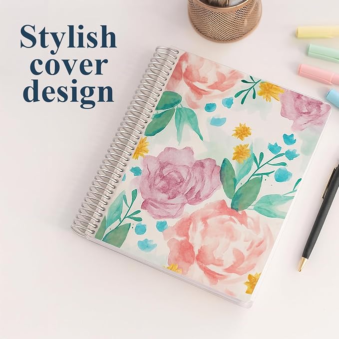 Erin Condren 7" X 9" Spiral Bound Productivity Notebook - Watercolor Blooms, Functional 160 Lined Page and 80Lb Thick Paper Spiral Notebook, Stickers Included