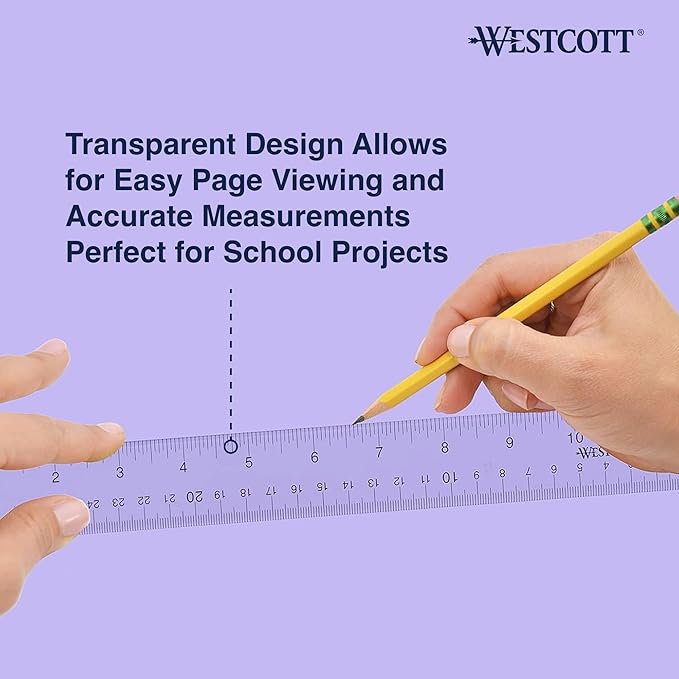 Westcott Acrylic Clear Rulers Set, Easy-to-Read Markings, Scratch-Resistant Design, Raised Beveled Edges, for Crafting, Office, Classroom, Back to School, School Supplies, 12-Inch, 3 Pack