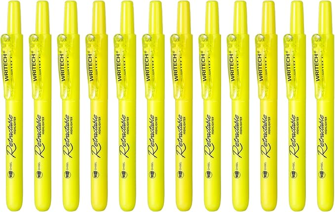 WRITECH Retractable Highlighters Chisel Tip: Fluorescent Yellow Ink Highlighter Marker Pens No Bleed & Smear Pack for Home School Office (12ct Yellow) (Pack of 2)