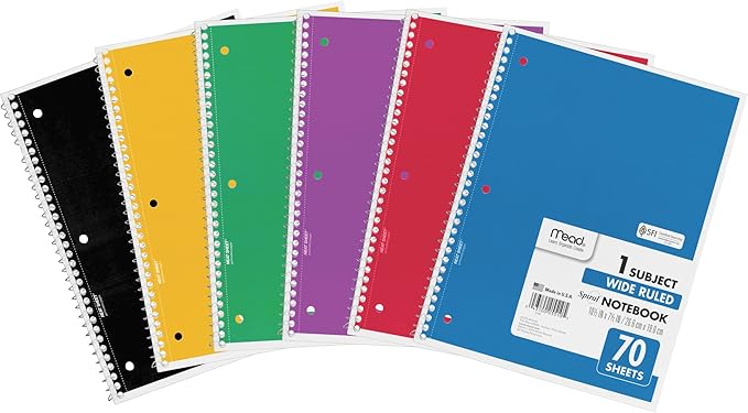 Mead Spiral Notebook, 1 Subject, Wide Ruled Paper, 7-1/2" x 10-1/2", 70 Sheets, Color Will Vary (05510)