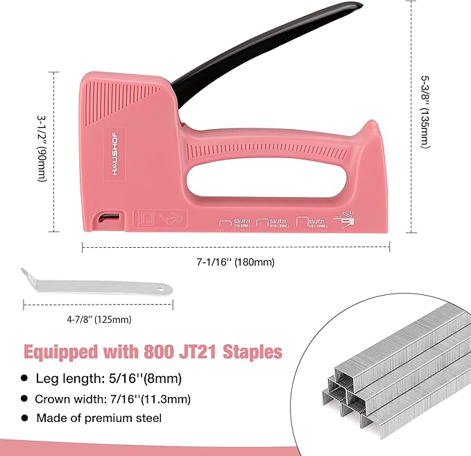 HAUSHOF Light Duty Staple Gun, Upholstery Staple Gun with 800PCS JT21 Staples and Stapler Remover, Fits JT21 Staple of 1/4'', 5/16'' & 3/8'', Used for Wood, Classroom, Crafts, DIY, Decoration (Pink)