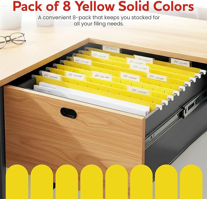 Yellow Hanging File Folders – 8 Pack, Letter Size File Organization Folders for Home, Office, School & Filing Cabinets