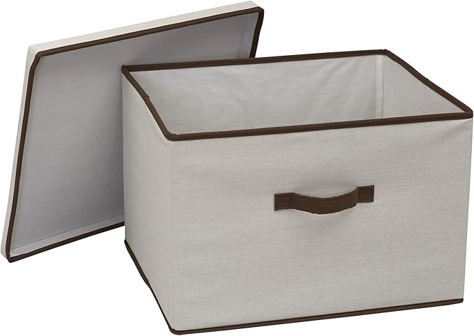Household Essentials Wide Fabric Storage Bin with Lid, 18.5" W x 15" D, Wide-18.5", Natural and Brown