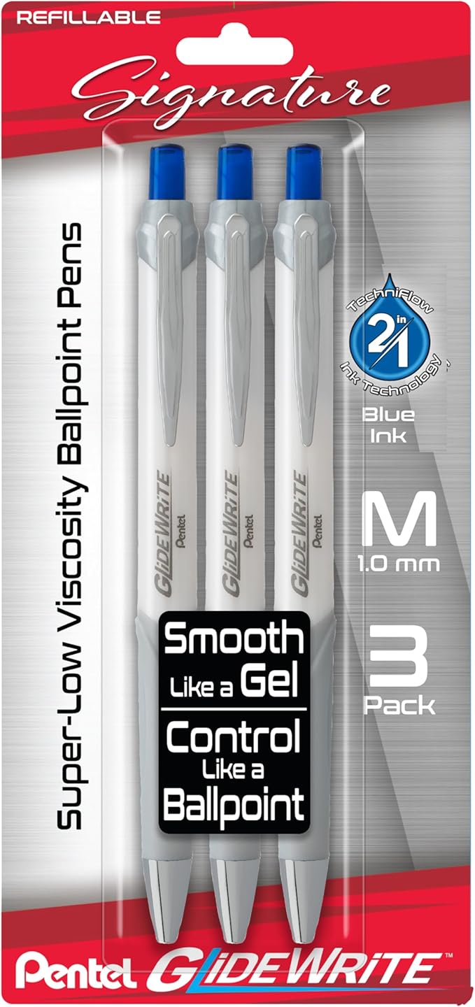 Pentel Glidewrite Signature Ballpoint Pen, (1.0mm) Medium, White Barrel, Blue Ink, Pack of 3 (BX930WBP3C)