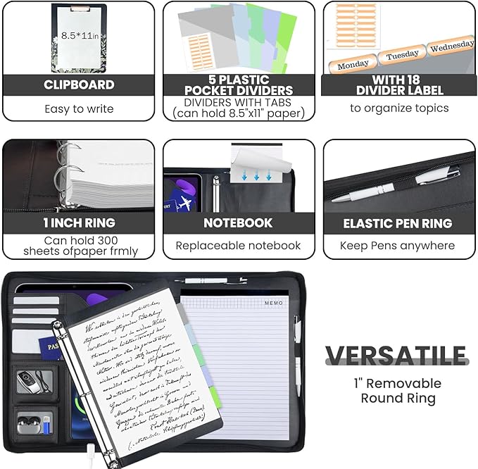 Clipboard with Storage for Men Women, Leather Padfolio Portfolio with Zipper, 1 Inch 3 Ring Binder 5 Dividers, Notepad for Letter Size, Elastic Closure and Pen Loop, Card Slot Black