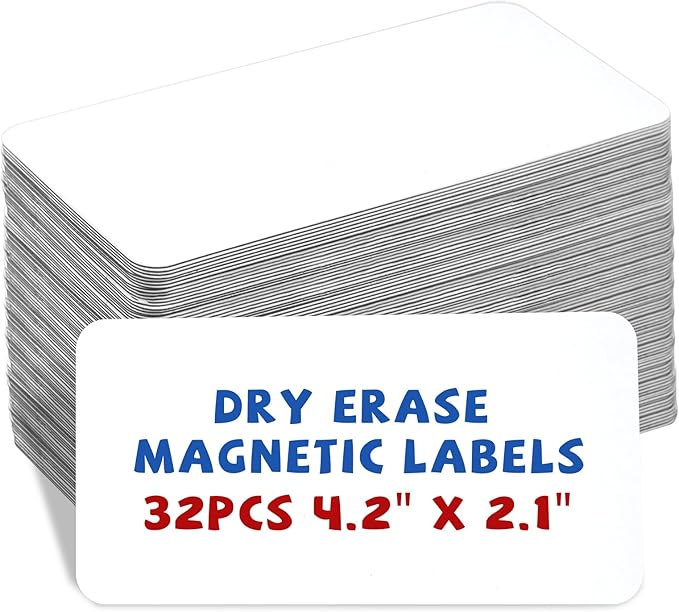 32 Pcs Dry Erase Magnetic Labels, 4.2 x 2.1 Reusable Writable Magnetic Name Tags Magnetic Label Stickers for Whiteboard, Refrigerator, Locker Classroom Office Home (White)