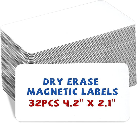32 Pcs Dry Erase Magnetic Labels, 4.2 x 2.1 Reusable Writable Magnetic Name Tags Magnetic Label Stickers for Whiteboard, Refrigerator, Locker Classroom Office Home (White)