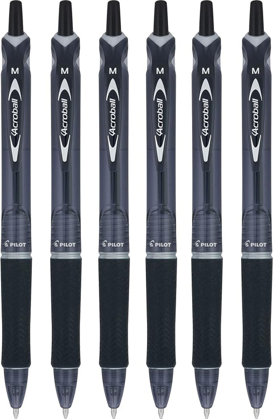 PILOT Acroball Colors Advanced Ink Refillable & Retractable Ball Point Pens, Medium Point, Black Ink, 6 Pack