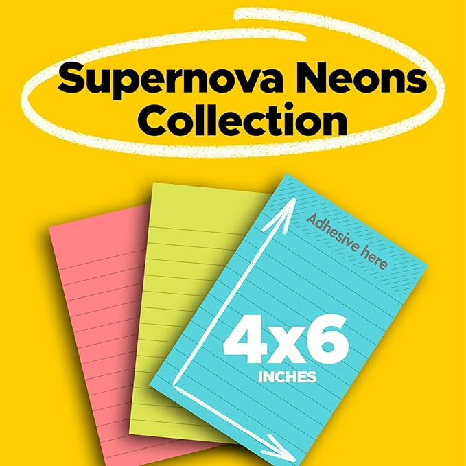 Post-it Super Sticky Lined Notes, 3 Sticky Note Pads, 4 x 6 in., School Supplies for Students, Ideal for Textbooks, Notebooks, Walls and Vertical Surfaces, Supernova Neons Collection