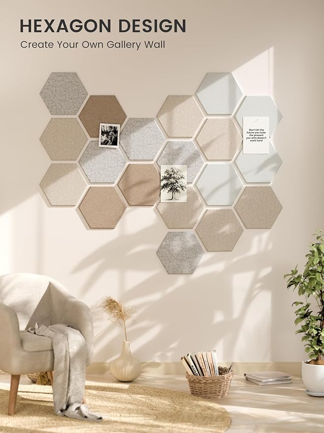 Fluxynara Hexagon Cork Board Alternative for Walls Decor-8-Pack Felt Bulletin Board Tiles,with 30 Pushpins,50 Adhesive Tabs for Office,Classrooms & Home Pin Board Felt Board-Stone Beige