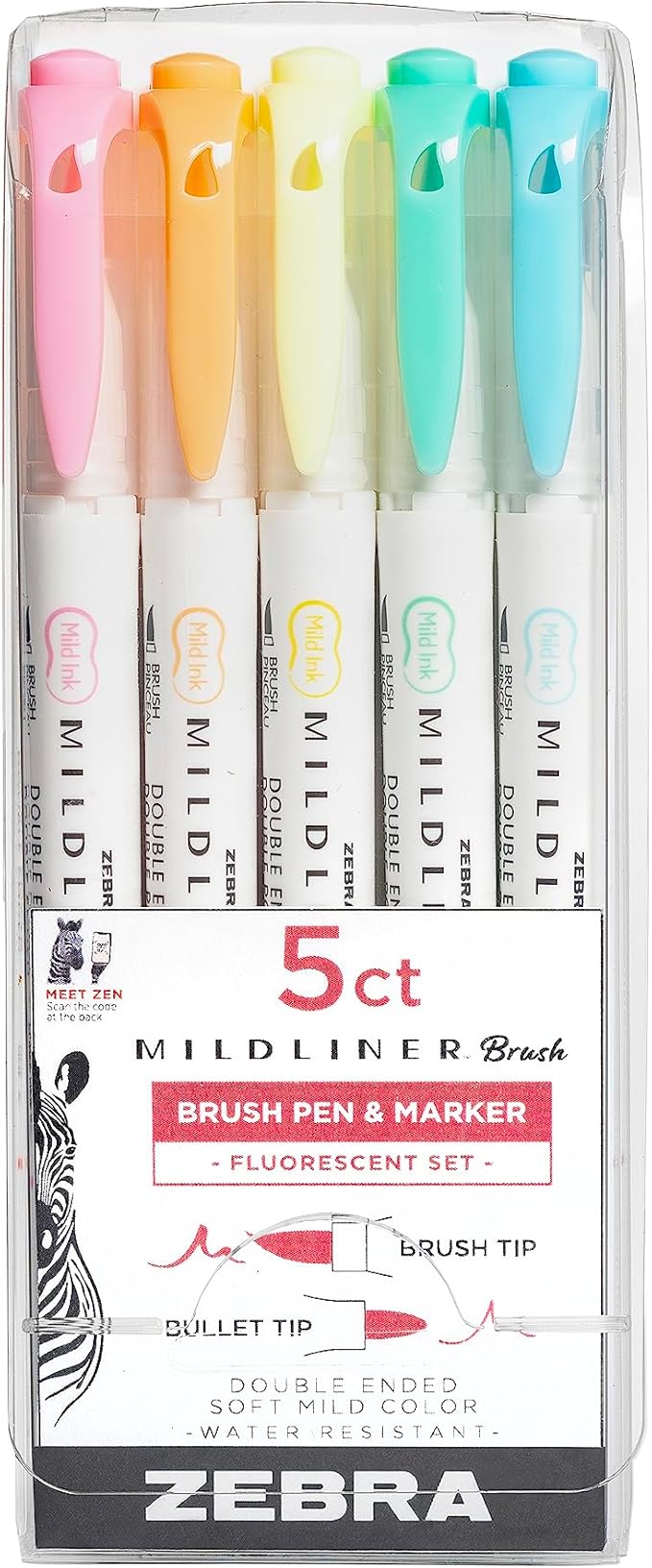 Zebra Pen, Mildliner Dual-Ended Brush Pens, 5 Assorted Colors, Brush and Fine Tips, Soft Mild Ink with No Bleed-Through, Water-Resistant Ink for Journaling, Calligraphy, Planners, 5-Pack (79105)