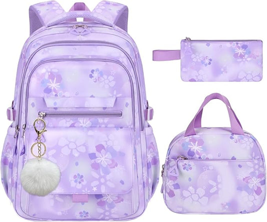 3Pcs Set Backpacks for Girls Teen, Cute Flowers School Bag Girls Bookbags with Lunch Box Pencil Bag, Multi-Pockets Kids Backpack for Elementary & Middle School, Purple