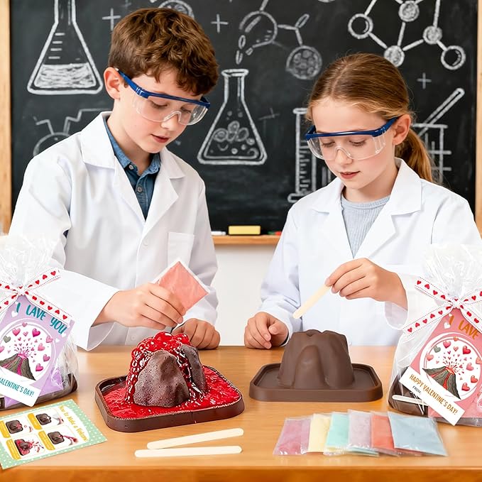 MOVINPE Valentine’s Day Classroom Gift Exchange for Kids – 26 Pack Volcano Science STEM Kits with Valentines Cards, Mini Volcano Eruption Experiment Science Party Favors for School Activities