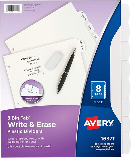 Avery Big Tab Write & Erase Durable Plastic Dividers for 3 Ring Binders, 8-Tab Set, White, 1 Set (16371)